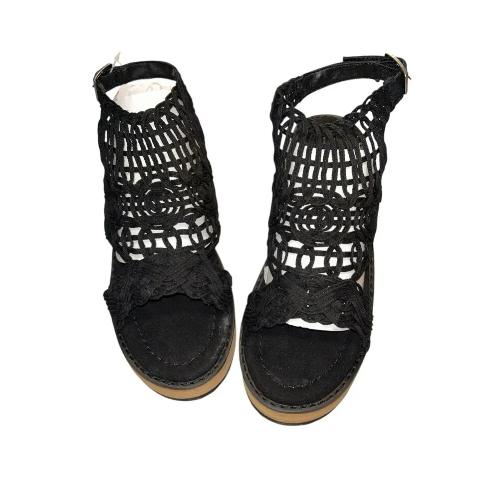 Muk Luks Black Crochet Open Toe Wedge Sandals Size 8.5